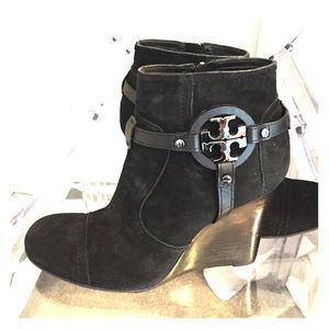 Tory Burch Elena black suede wedge booties